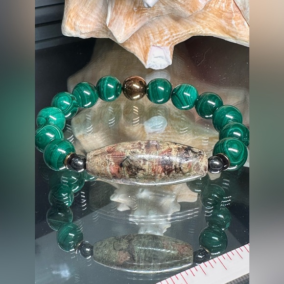 MALACHITE + UNIQUE JASPER NATURAL BRACELET size 7 - Picture 6 of 11